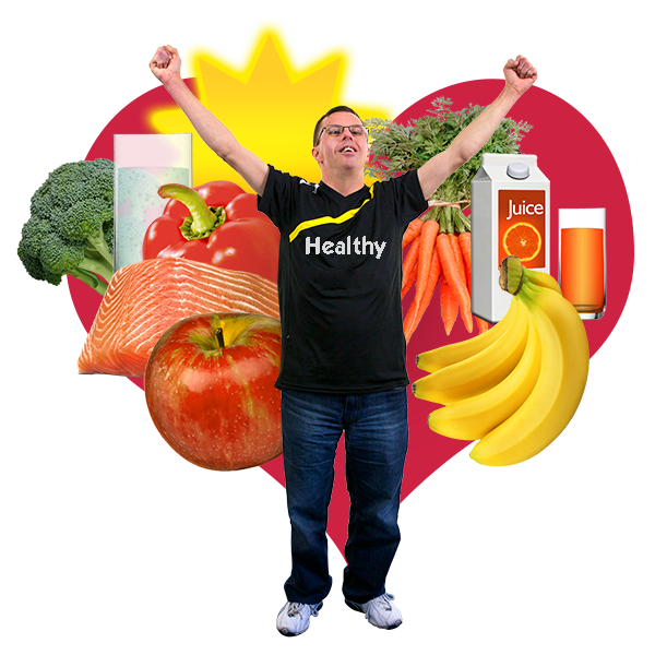 A man with a black t-shirt with the writing healthy and a background of a red heart and healthy food