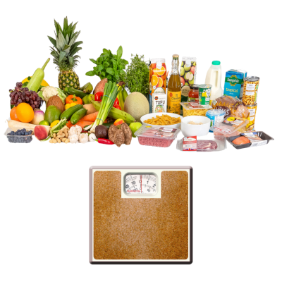 healthy food and scales for weight